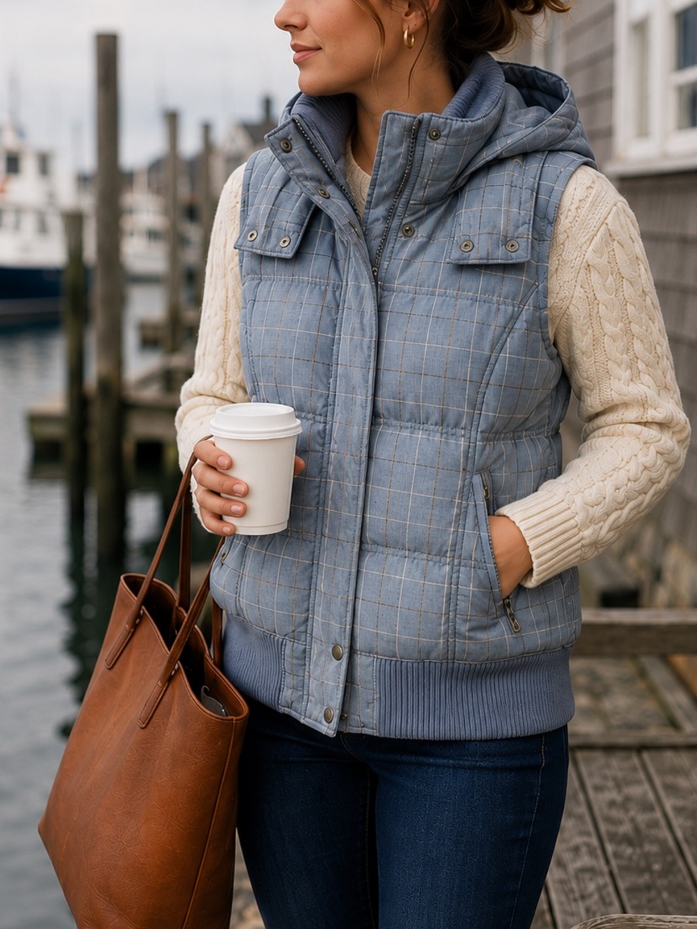 ESPIRIT Down Hooded Puffer Vest Down Vintage 90s  • Plaid Preppy